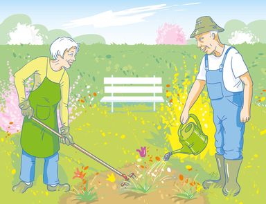 Gärtner, Blumen, Lebensfreude, Garten, Frühling, Rechen, Harcken, Giessen, Paar, Bewegung, Alltag, Senioren, fünfzig plus