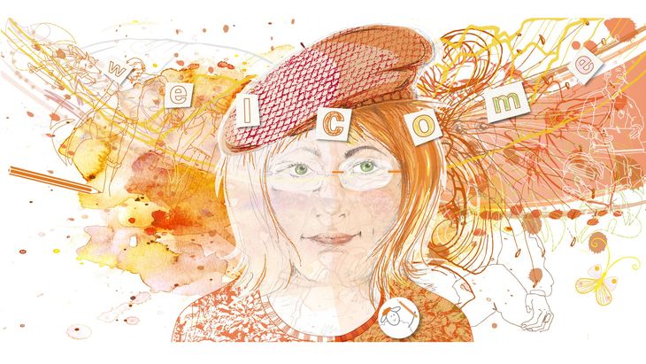 Selbsportrait, Mütze, Hut, Brille, Frau, Künstlerin, Stift, Aquarell, Bleistiftzeichnung, Idee, Bildentwicklung, Entstehungsprozess, Kreativität, Orange, welcomeg, Skizze, Entwurf