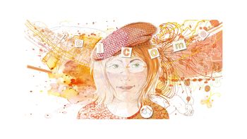Selbsportrait, Mütze, Hut, Brille, Frau, Künstlerin, Stift, Aquarell, Bleistiftzeichnung, Idee, Bildentwicklung, Entstehungsprozess, Kreativität, Orange, welcomeg, Skizze, Entwurf