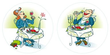 Genuss, Essen, Reichtum, Armut, Geld, Restaurant, Wein, Rente, Illustration, Typen, Charakter, Illustration