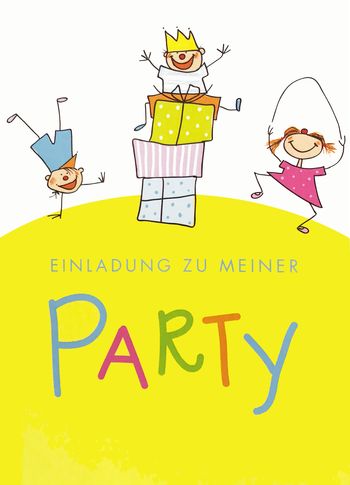Kindergeburtstag, Papeterie, Karte, Einladungskarte, Party, Kinder, Geschenke, Krone, König, Tanzen, Kopfstand, Humor, Strichzeichnung, Illustration