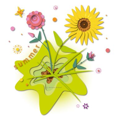 Blumen, Sommer, summmer, Sonnenblume, Rose, Schmetterling, Papiercollage, Vektorgrafik, Illustration, Dekor