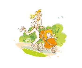 Kinderwagen, Sport, Joggen, Park, Vögel, Baby, Frau, Mutter, Kind, Weg, Gras, Frühling