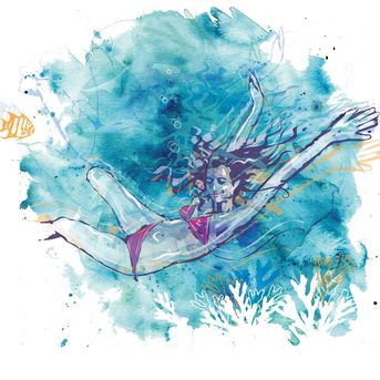 Woman, Frau, Schwimmen, tauchen, Unterwasserwelt, Meer, Bikini, Urlaub, Freizeit, Nixe, Beauty, Erholung, Fisch, Korallen, Aquarell, Entspannungn