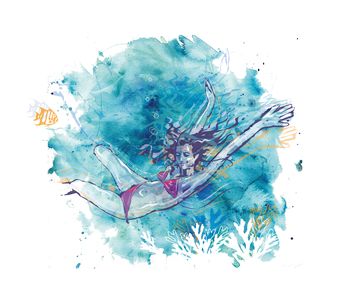 Woman, Frau, Schwimmen, tauchen, Unterwasserwelt, Meer, Bikini, Urlaub, Freizeit, Nixe, Beauty, Erholung, Fisch, Korallen, Aquarell, Entspannungn