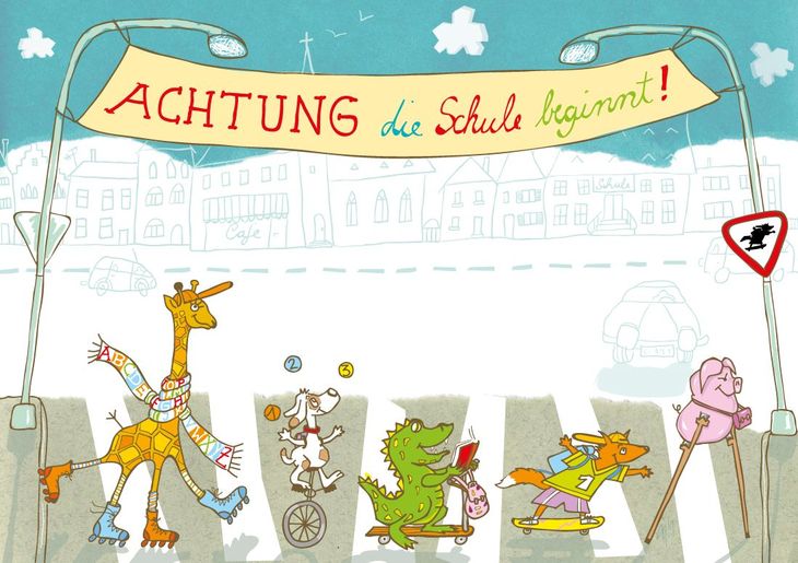 Tiere, Giraffe, Hund, Einrad, Rollschuhe, Inlineskater, Krokodil auf Tretroller, Fuchs, Skateboard, Schwein, Stelzen, Zebrastreifen, Schulbeginn, Verkehrssicherheit, Stadt, collage, Illustration, Humor, Charaktere, Figuren, Comic, Verkehrsschild, Fußgänger, Auto